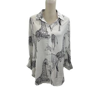 NWT Jane Delancey Lightweight Button Up Top Womens Large Animal Print Linen Bled